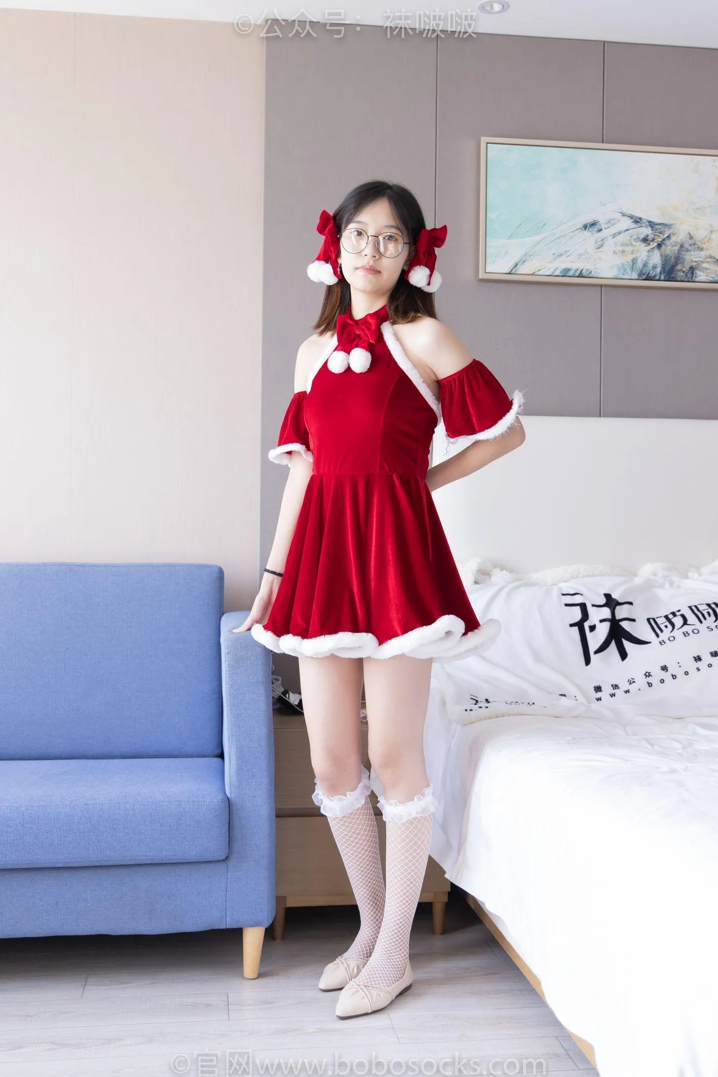 [BoBoSocks袜啵啵]NO.043 小甜豆-圣诞服、平底鞋、高跟鞋、白色渔网袜 [165P]插图5